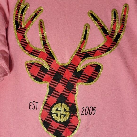 Simply Southern Metallic Deer Crop Top Tshirt L Pink Buffalo Print Long Sleeve - Picture 4 of 6